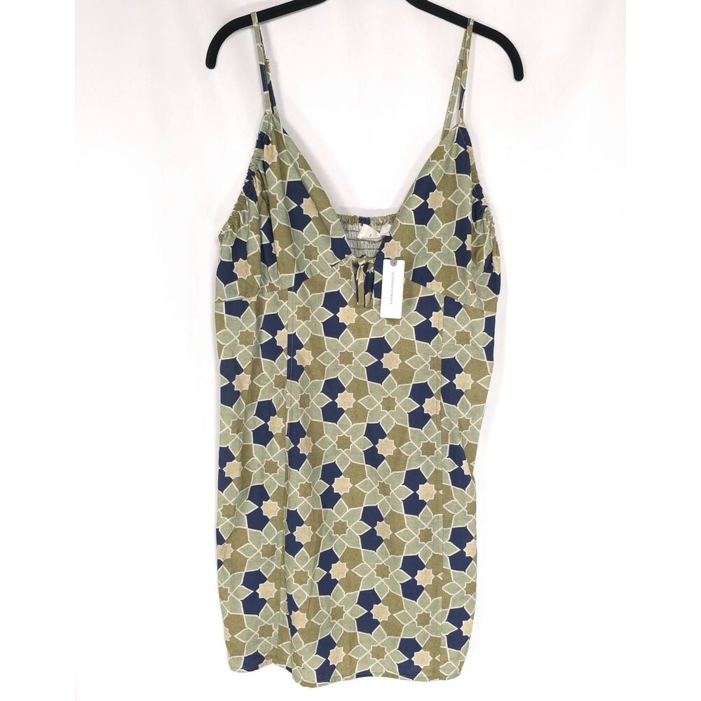 ANTHROPOLOGIE Women's New Mini Dress XL Geometric Tie Front Linen Cotton